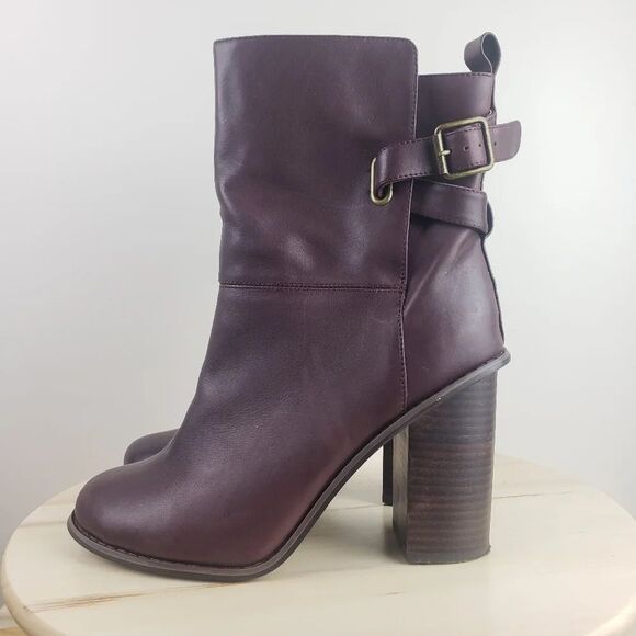 Kelsi Dagger Odem Boots Size 10 Burgundy Leather Mid Calf Block Chunky Heel - Picture 11 of 15